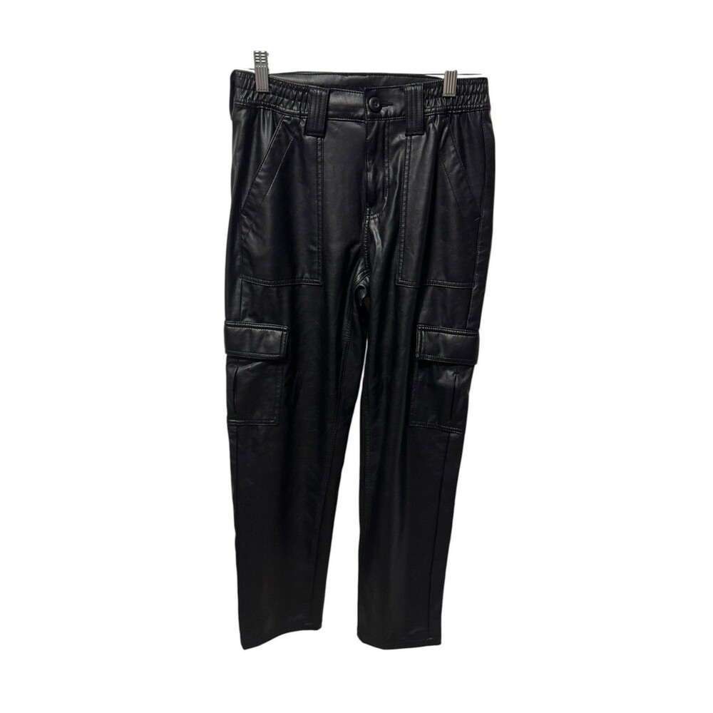 AE Stretch High-Waisted Vegan Leather Straight Cargo Pant Size 2 Regular Black